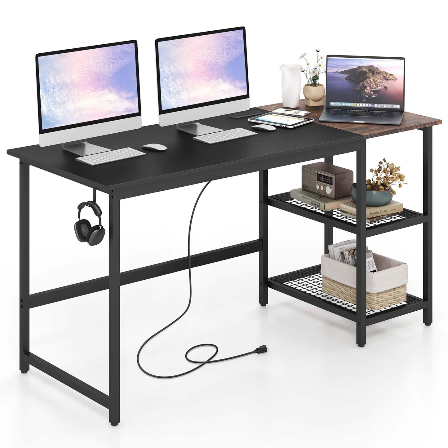 59" Computer Desk PC Laptop Workstation with Charging Station and Storage Shelves