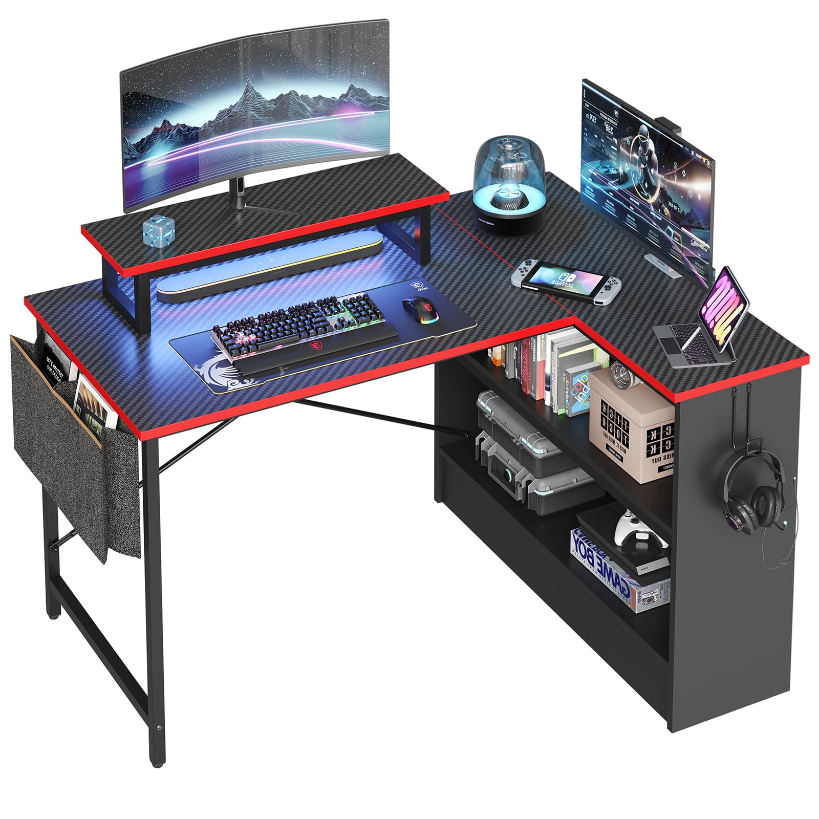 Bestier Reversible L-Shaped Gaming Desk with LED Monitor Stand, Storage Shelves, and Bag - 42" wide