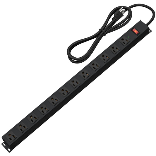 12 Outlet Long Power Strip Surge Protector with 2100Joules, 6FT Power Cord, Wide Spaced Outlet Power Bar Overload Protection Switch, industrial Heavy Duty for WorkBench, Shop, Garage (Black)