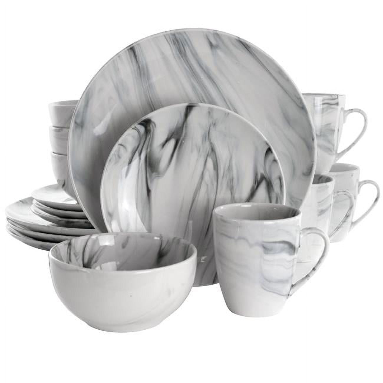 16 Piece Fine Marble Stoneware Dinnerware Set, Black & White