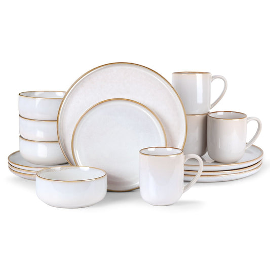 Vesteel Dinnerware Sets for 4, 16-Piece Stoneware Dish and Bowls Set, Handmade Reactive Glaze Coupe Plates Set, Chip & Scratch Resistant - Seashell White