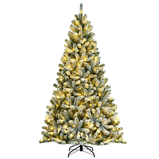 7ft Pre-lit Snow Flocked Hinged Christmas Tree w/1116 Tips & Metal Stand