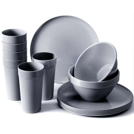 18 Piece Plastic Kitchen Dinnerware Set, Plates, Dishes, Bowls, Cups, Service for 6 - Dark Grey YE393.020