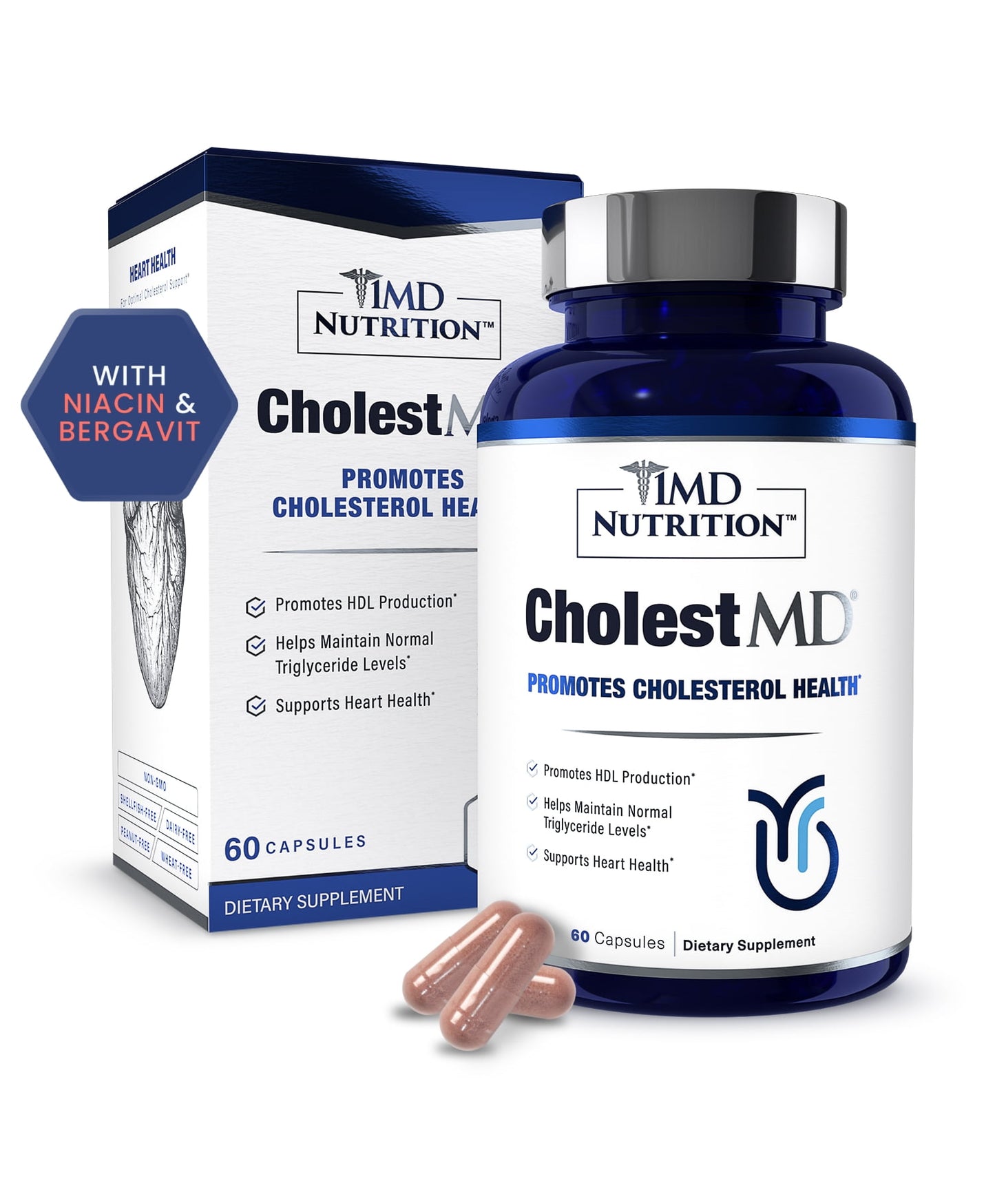 1MD CholestMD - Support Healthy Cholesterol Levels, Promote Heart Health | with Olive Leaf Extract, Bergavit, Niacin, Garlic | 60 Capsules