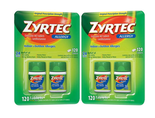 2 Pack | Zyrtec 24 Hour Allergy Relief Antihistamine Cetirizine HCl 10 mg, 120 Tablets