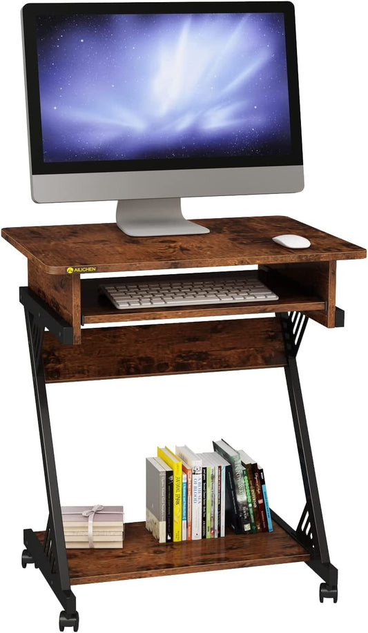 2 Tier Computer Desk with Keyboard Tray, 23.6" Home Office Desk Computer Workstation Rolling Study PC Laptop Table for Small Spaces,Z-Shaped Small Compact Study Table