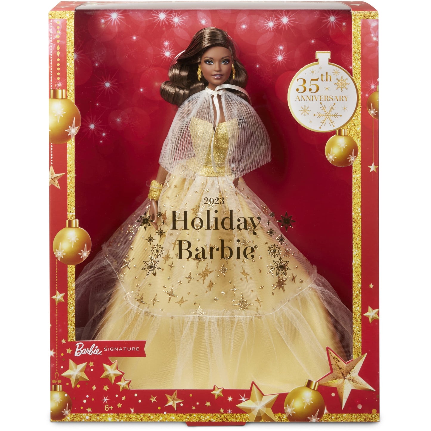 2023 Holiday Barbie Doll, Seasonal Collector Gift, Golden Gown and Dark Brown Hair