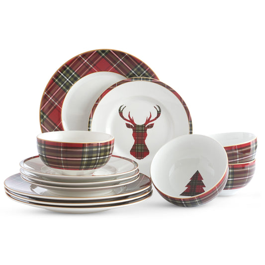 222 Fifth Wexford Red Plaid Holiday Porcelain Dinnerware Collection, 12-Piece Set, Red and Green Plaid