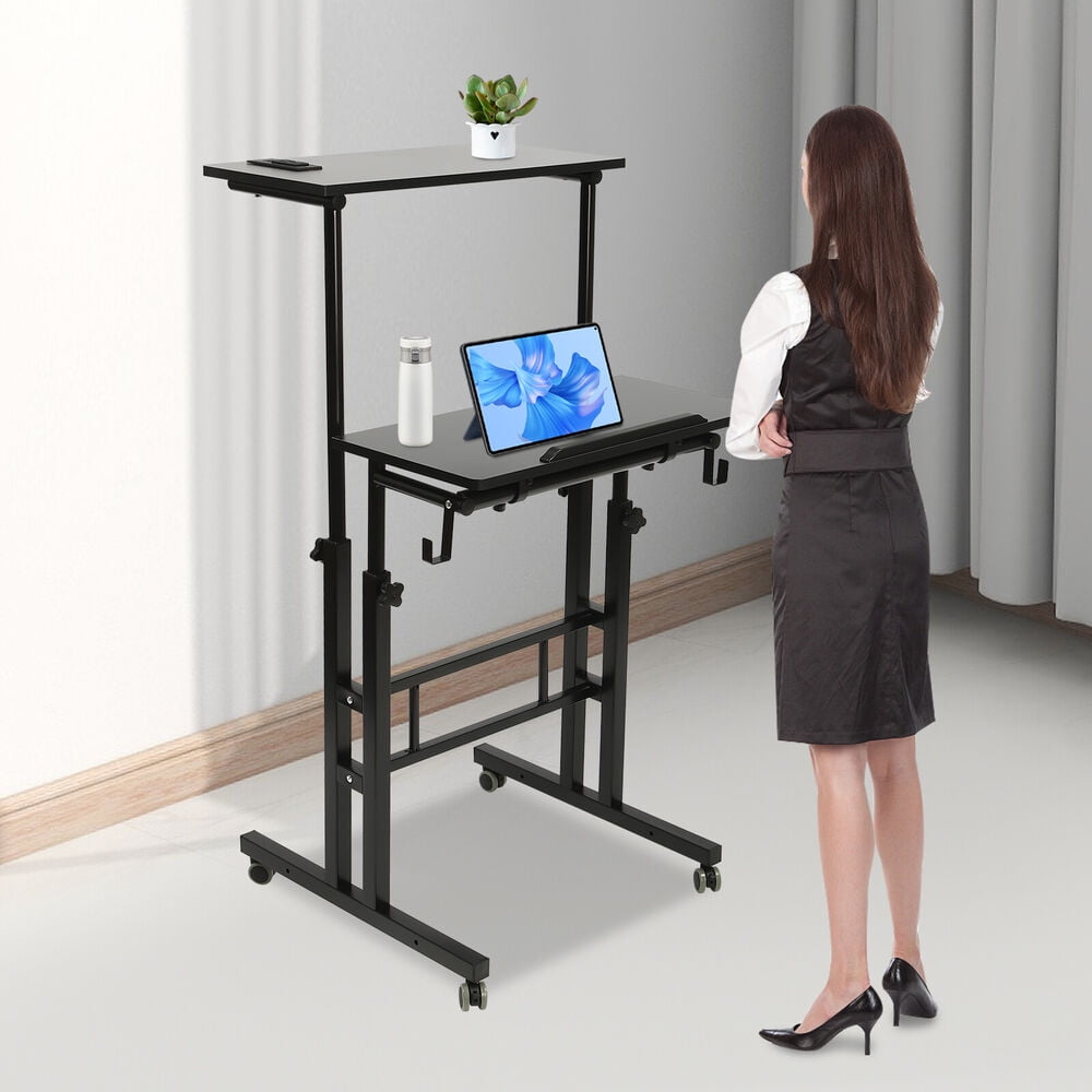 24" Mobile Stand Up Desk Adjustable Laptop Desk With Wheels Home Computer Table