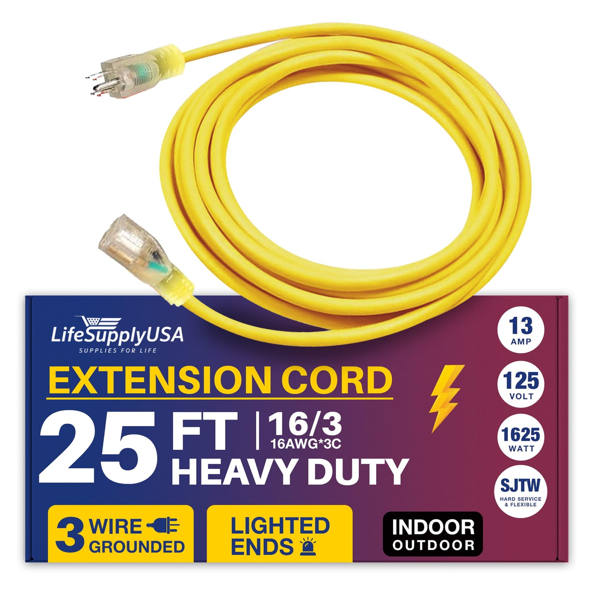 25ft Power Outdoor Extension Cord & Indoor - Waterproof Electric Drop Cord Cable - 3 Prong SJTW, 16 Gauge, 13 AMP, 125 Volts, 1625 Watts, 16/3 by LifeSupplyUSA - Yellow (1 Pack)