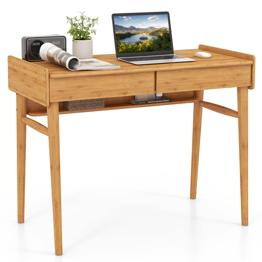 Bamboo Writing Desk 39.5" Computer Study Desk with 2 Storage Drawers and Open Shelf