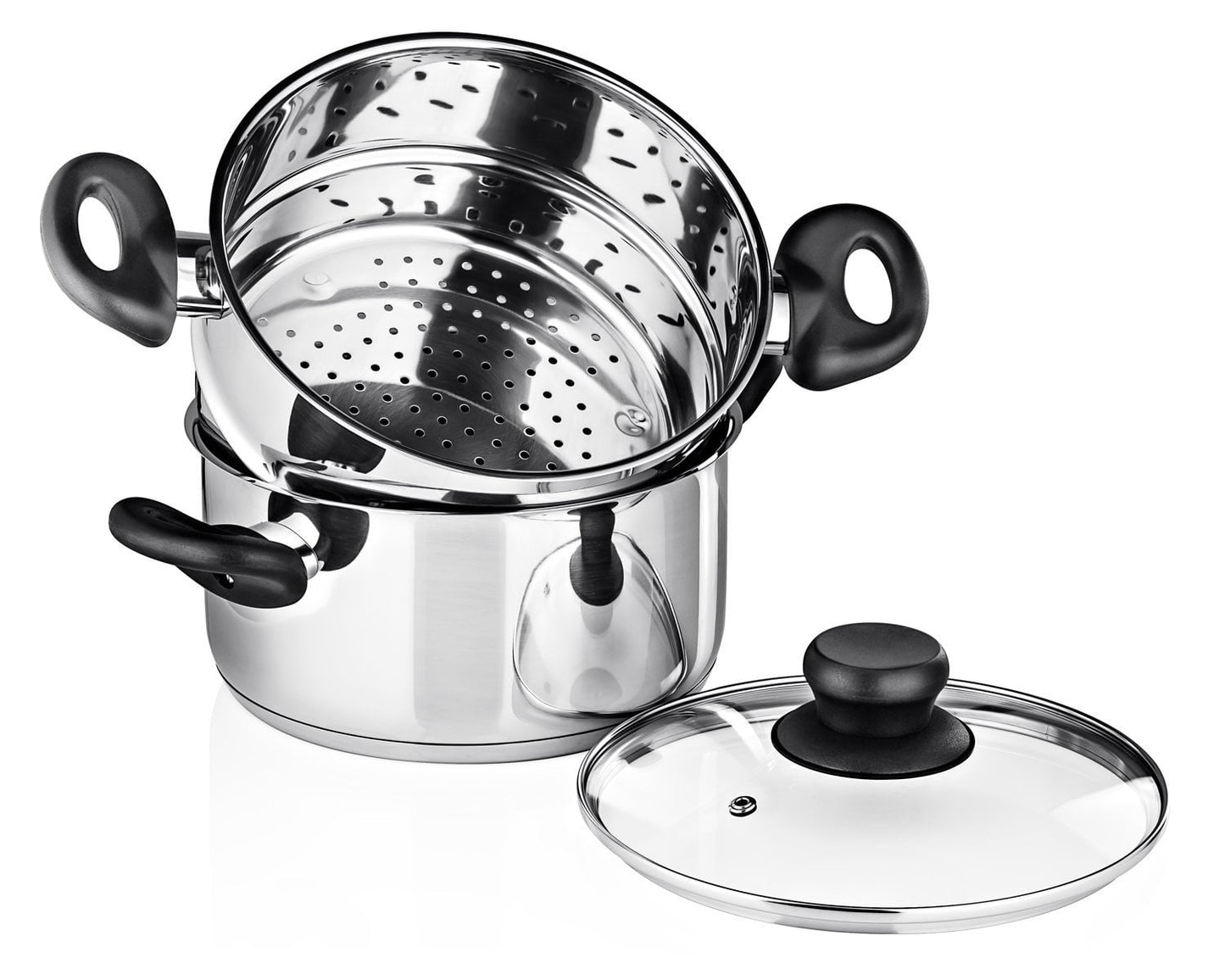 Chef's Star 3 Piece Stainless Steel Stack and Steam Pot Set - 2 Quart Steamer and 3 Quart Saucepot Set with Lid and Pots