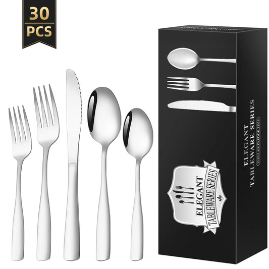 30 Piece Silverware Set for 6, TINANA Stainless Steel Flatware Set,Mirror Polished Cutlery Utensil Set,Durable Home Kitchen Eating Tableware Set, Fork Knife Spoon Set,Dishwasher Safe