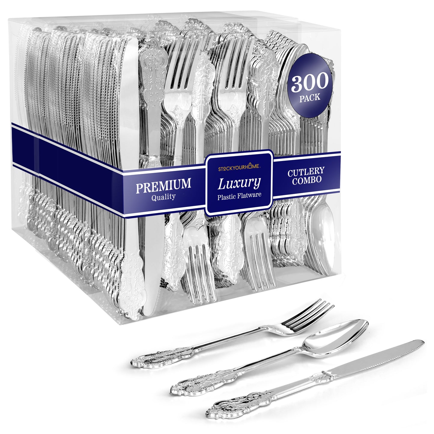 300 Pcs Silver Plastic Silverware Set- 100 Silver Forks, 100 Silver Spoons, 100 Silver Knives, Heavy Duty Disposable Utensils Heavyweight Cutlery, Elegant Flatware, Dinner Party, Wedding