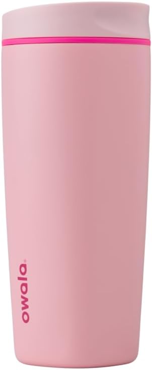 Owala SmoothSip Slider Insulated Stainless Steel Coffee Tumbler, Reusable Iced Coffee Cup, Hot Coffee Travel Mug, BPA Free 20 oz, Pink (Pucker Up)