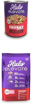 Bundle of Halo Elevate Wet Dog Food, Kettle Cooked Healthy Grains Duck & Beef Stew, 12.7oz (Pack of 6) + Halo Elevate Dry Dog Food, Healthy Grains Red Meat Recipe, Small Breed, 10lb