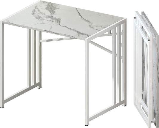 32 inch Folding Small Desk, Writing Gaming Computer Camping Desk for Small Spaces, No Assembly Required Home Office Desk, White Marble