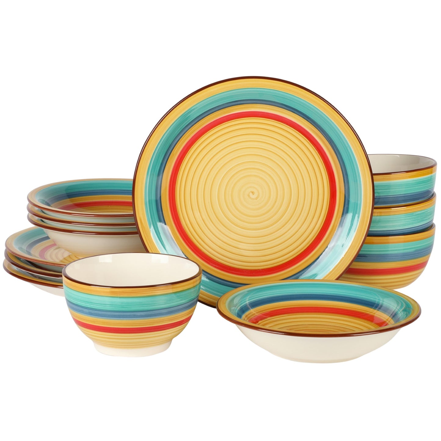 Gibson Home Rainbow Party 12 Piece Hand-Painted Multi-Color Stoneware Dinnerware Dish Set - Yellow