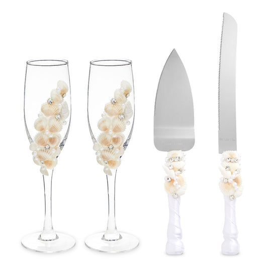 4 Piece Cake Knife and Server Set with Seashell Champagne Glasses for Beach Wedding Decorations