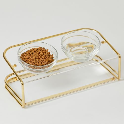 PETCOMO Acrylic Dog Bowls Stand Cat Food and Water Bowl Set Elevated Cat Glass Bowl Riser Gold Frame Feeding Dishes, No Spill Non Slip Stand- MK2061B(Gold)