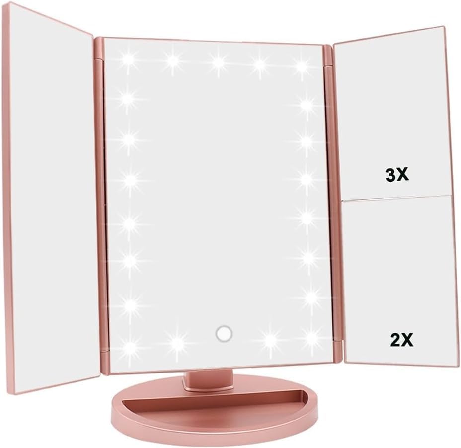 WEILY Makeup Mirror with 21 LED Lights,Two Power Supply Modes, Adjustable Touch Screen and 1x\/2x\/3x Magnification Tri-Fold Vanity Mirror,Chargeable Travel Cosmetic Mirror for Desktop(Rose Pink)