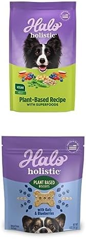 Bundle of Halo Holistic Plant-Based Recipe with Superfoods, Vegan Dry Dog Food Bag, Adult Formula, 3.5-lb Bag + Halo Plant-Based Dog Treats with Oats and Blueberries, Vegan Dog Treat Pouch, 8oz bag