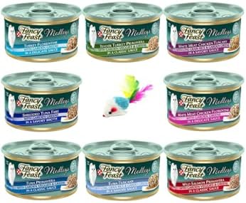 Fncy Fest Medleys Bundle with 8 Different Flavors(1 can Each) Medley Primavera, Florentine, Tuscany. Total 08 cans. with a Mouse Toy