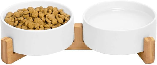 Ceramic Cat and Small Dog Bowl Set – Modern Indoor Small Size Pet Food and Water Bowls with Wood Stand – Non Slip Puppy Sized Feeding Station with Double Dishes