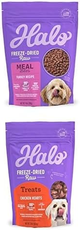 Bundle of Halo Meal Bites Freeze Dried Raw Dog Food, Turkey Recipe, Adult Recipe, 14-OZ Bag + Halo Raw Freeze Dried Dog Treats, Chicken Hearts Recipe, Dog Treats Pouch, All Life Stages, 2-OZ Pouch