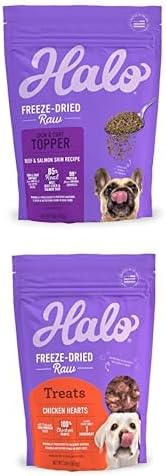 Bundle of Halo Freeze Dried Raw Skin & Coat Topper, Beef and Salmon Skin Recipe, Raw, 1lb Bag + Halo Raw Freeze Dried Dog Treats, Chicken Hearts Recipe, Dog Treats Pouch, All Life Stages, 2-OZ Pouch