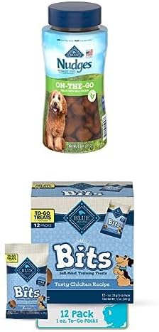 Bundle of Blue Buffalo Nudges On The Go Natural Dog Treats, Chicken 5.5oz Reusable Container + Blue Bits Natural Soft-Moist Training Dog Treats to-GO, Chicken Recipe 1-oz Bags (Pack of 12)