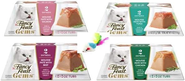 Fncy Fest Gems Mousse Pate 4 Flavor 4 Can Variety Sampler (1) Each: Tuna, Salmon, Chicken, Beef, and a Halo of Savory Gravy Wet Cat Food (4 Oz) - with a Mouse Toy