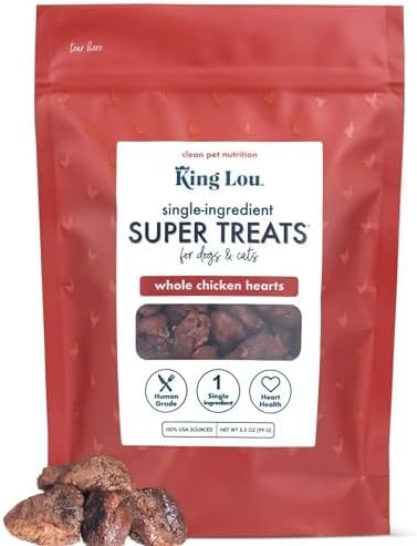 King Lou Pets - Whole Chicken Hearts for Dogs and Cats - Freeze Dried Cat Treats and Dog Treats - USA-Made Chicken Hearts - Taurine, Zinc, & Iron to Support Heart Health - Contains 50-60 Whole Hearts