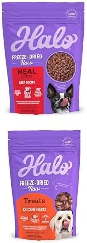 Bundle of Halo Meal Bites Freeze Dried Raw Dog Food, Beef Recipe, Adult Recipe, 14-OZ Bag + Halo Raw Freeze Dried Dog Treats, Chicken Hearts Recipe, Dog Treats Pouch, All Life Stages, 2-OZ Pouch