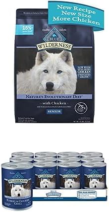 Bundle of Blue Buffalo Wilderness High Protein Natural Senior Dry Dog Food Plus Wholesome Grains, Chicken 13 lb Bag + Wet Dog Food, Turkey & Chicken Grill 12.5-oz cans (Pack of 12)