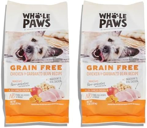 Whole Paws, Grain-Free Dry Dog Food, Chicken & Garbanzo Bean Recipe, Enhanced with Fiber & Prebiotics, 4 lb (Pack of 2)