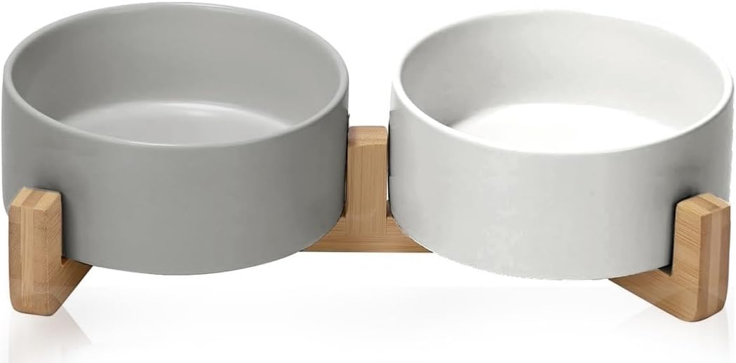 Fishmooning Ceramic Dog Bowls with Wood Stand,Elevated Dog Food and Water Bowls Set for Small, Medium and Large Cat Dog,29.3oz\/6.1in, Aesthetic Contrasting Color Dog Bowls,Gray and White