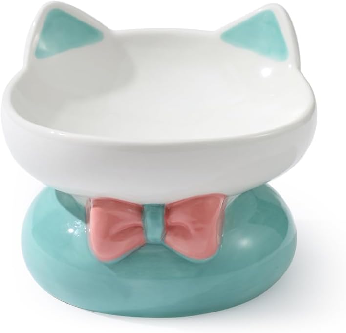 Ceramic Raised Cat Bowl, Blue Elevated Cat Food Bowl for Indoor Cats, Anti Vomiting & Protect Pet's Spine, Cute Tilted Cat Dish for Flat Faced Cats and Kitten