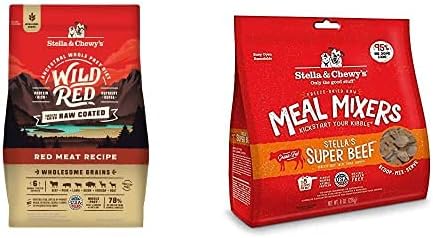 Stella & Chewy's Wild Red Raw Coated Kibble Dry Dog Food Wholesome Grains Red Meat Recipe, 3.5lb Bag + Freeze-Dried Raw Meal Mixers Dog Food Topper Stella's Super Beef Recipe, 8oz Bag