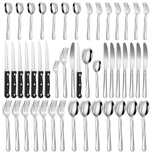 48 Pcs Silverware Set with Steak Knives Service for 8,Stainless Steel Flatware Set,Mirror Polished Cutlery Utensil Set,Home Kitchen Eating Tableware Set,Include Fork Knife Spoon Set,Dishwasher Safe