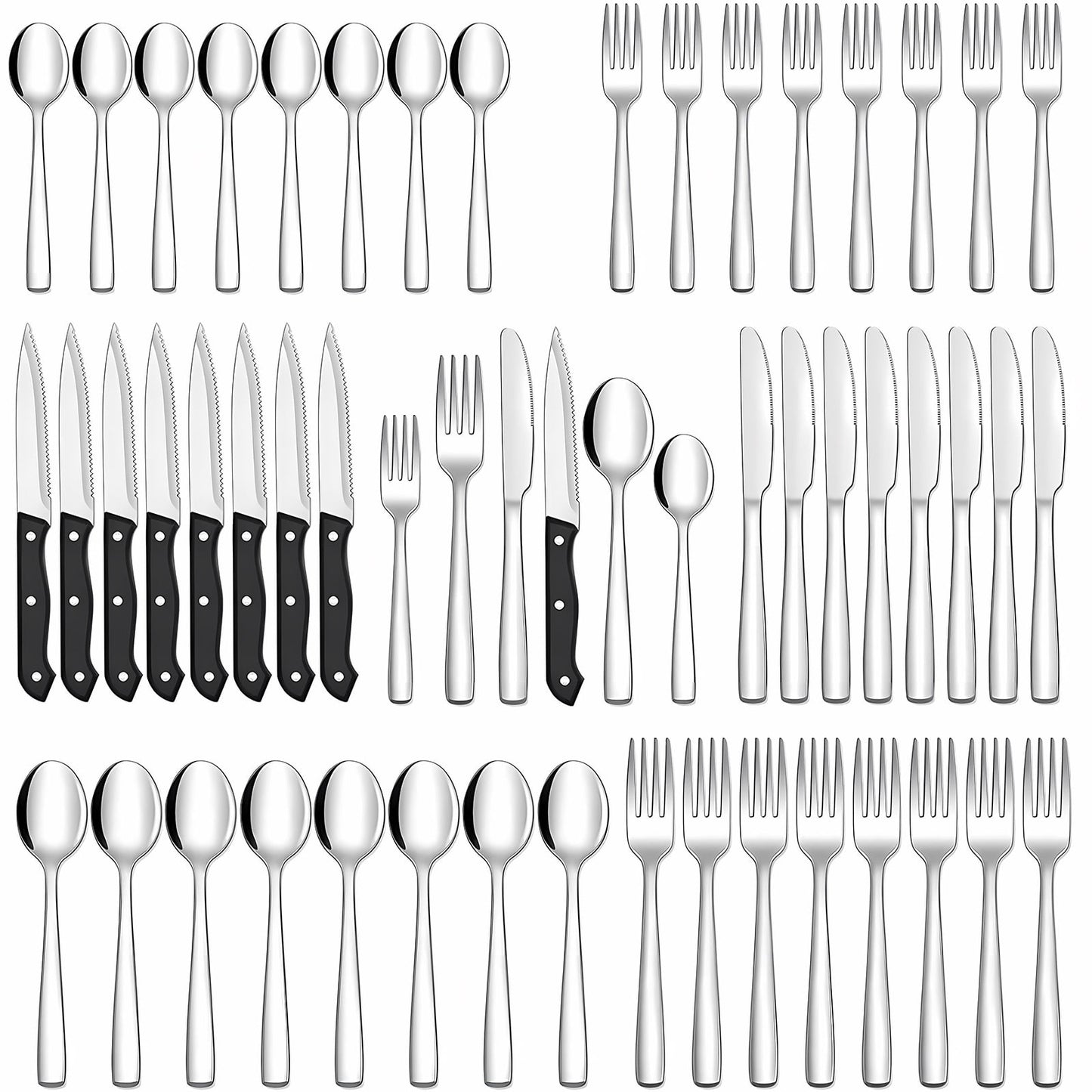 48-Piece Silverware Set for 8, Cutlery Set with Steak Knives, Stainless Steel Silverware Sets, Mirror Polished Flatware, Knives, Forks & Spoons Silverware, Kitchen Utensils Set Dishwasher Safe