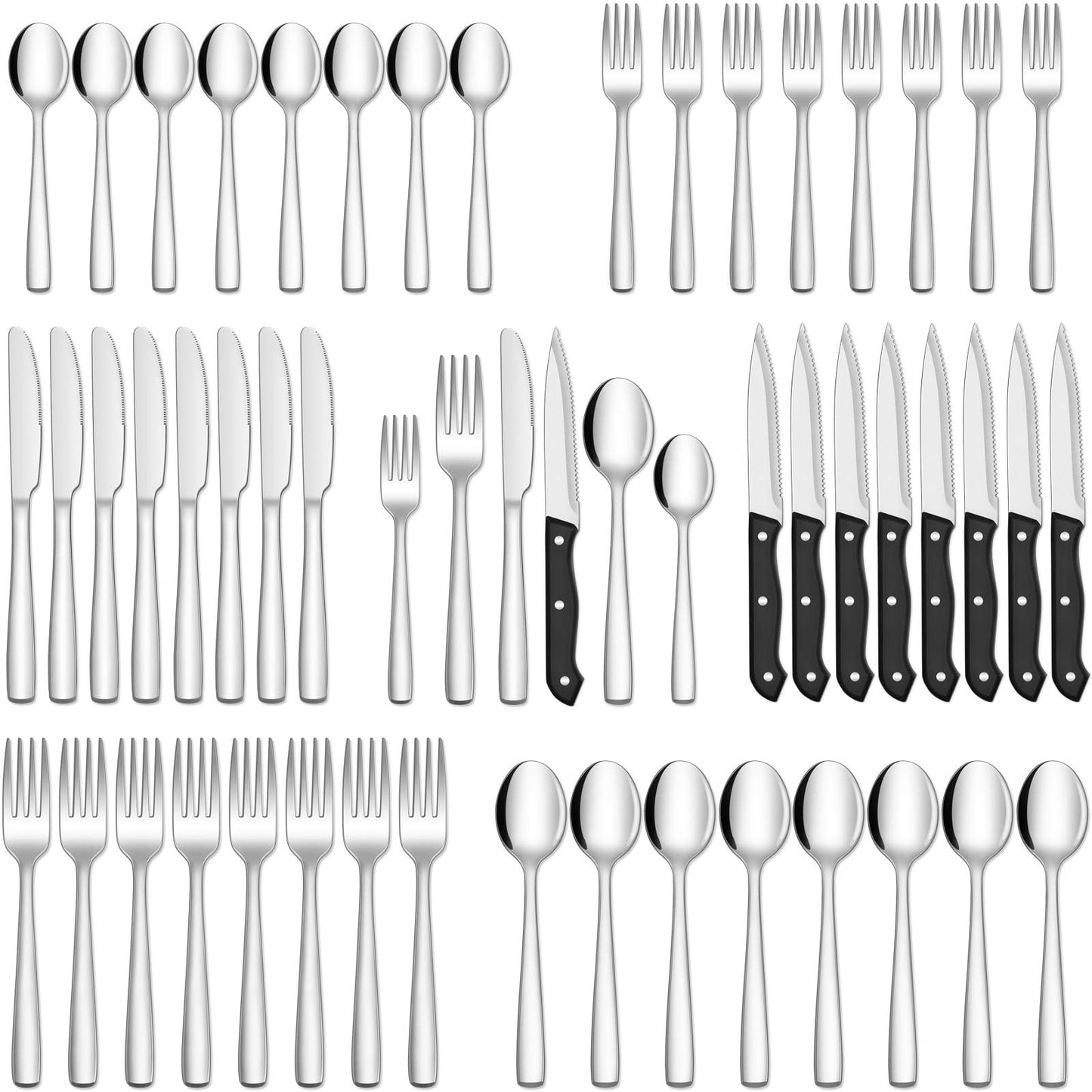 48-Piece Silverware Set with Steak Knives for 8, Stainless Steel Flatware Cutlery Set For Home Kitchen Restaurant Hotel, Kitchen Utensils Set, Mirror Polished, Dishwasher Safe