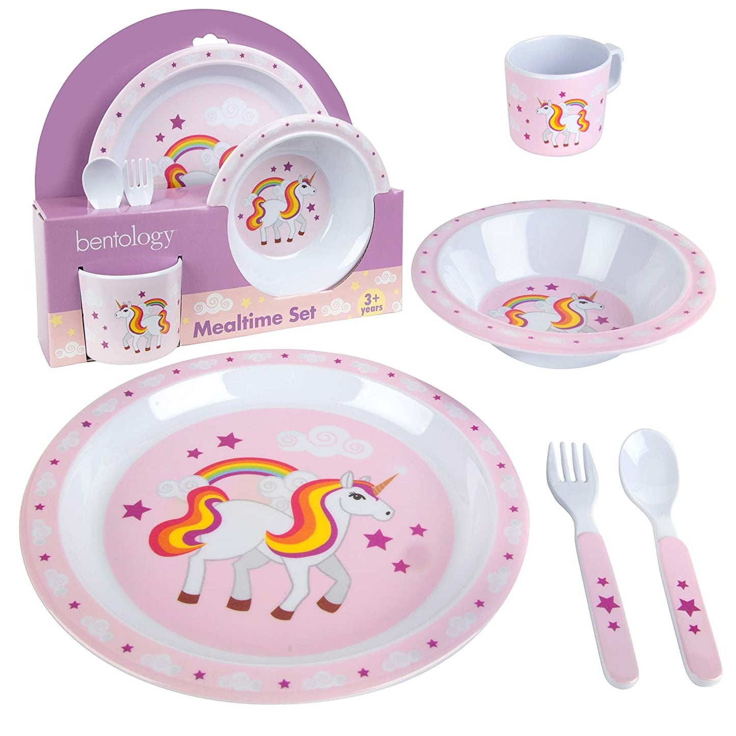 Bentology 5 Pc Mealtime Baby Feeding Set for Kids and Toddlers - Includes Plate, Bowl, Cup, Fork and Spoon Utensil Flatware - Durable, Dishwasher Safe, BPA Free - Unicorn