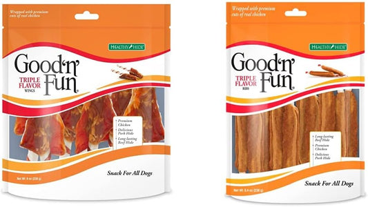 Good 'N' Fun Triple Flavor Wings and Ribs Rawhide Chews Bundle for Dogs