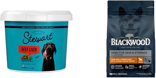 Stewart Bundle Single Ingredient Freeze Dried Raw Dog Treats, Beef Liver, 21 Ounce Tub + Blackwood Sensitive Skin & Stomach Dry Dog Food, Lamb Meal & Brown Rice with Ancient Grains, 4.5 Pound Bag