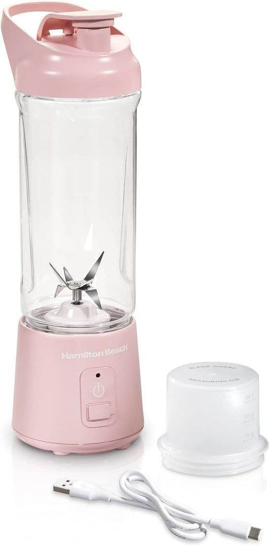 Hamilton Beach Mini Cordless Portable Personal Blender for Shakes and Smoothies, USB Rechargeable, 16 oz. Jar with Leakproof Travel Lid, 6 Stainless Steel Blades, Pink (51181)