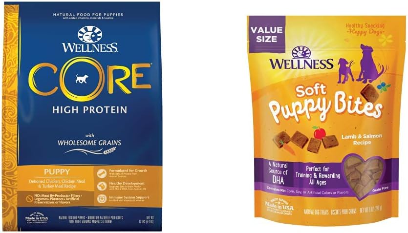 Wellness CORE Wholesome Grains Puppy Recipe, 12 lbs Soft Puppy Bites, Lamb and Salmon, 8 oz Bag