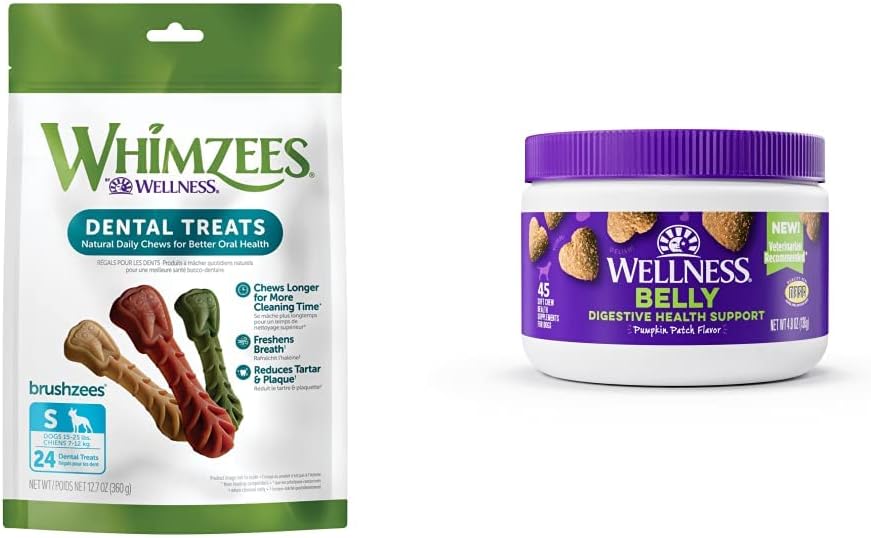 Whimzees by Wellness Brushzees Natural Dental Chews for Dogs, Small Breed, 24 Count + Wellness Digestive Health Soft Chew Dog Supplements, Pumpkin Patch Flavored, 45 Count