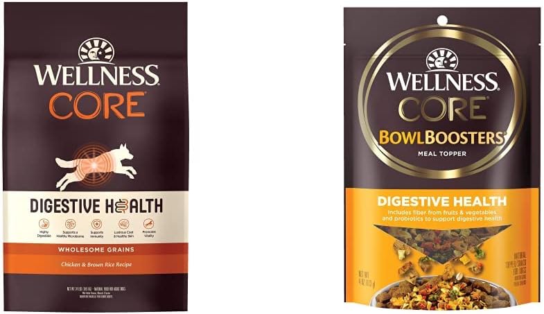 Wellness CORE Digestive Health Dry Dog Food with Wholesome Grains, Chicken & Brown Rice, 24 Pound Bag + CORE Bowl Boosters Digestive Health Dog Food Topper