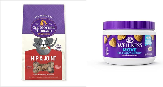 Old Mother Hubbard by Wellness Mother's Solutions Hip & Joint Natural Dog Treats, 20 Ounce Bag + Wellness Hip & Joint Health Supplements for Dogs, Grilled Chicken Flavored Soft Chews, 45 Count